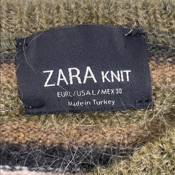 Zara Striped Olive Green Mohair Wool Blend Sweater Crew Neck Long Sleeve Sz L - Picture 7 of 11